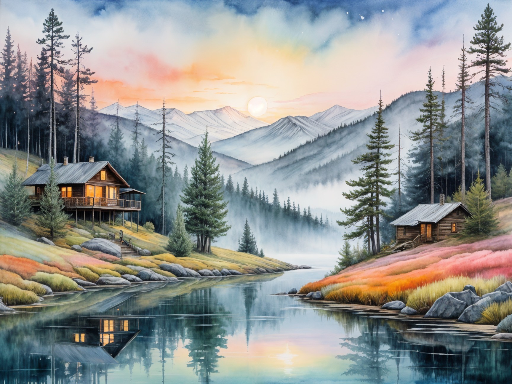 Cozy Cabins by Reflective Lake in Autumn Landscape