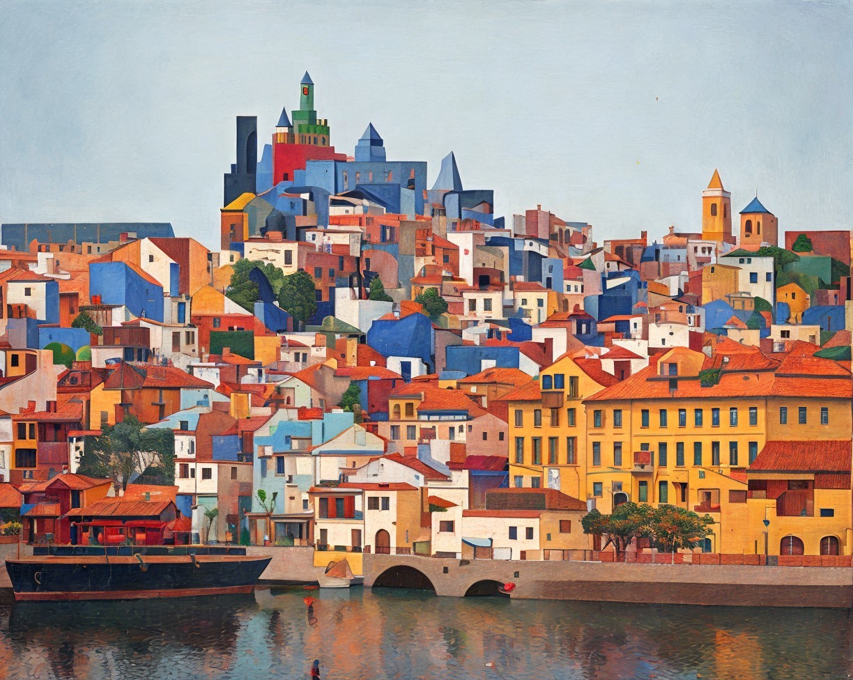 Colorful hillside town with diverse architecture by water