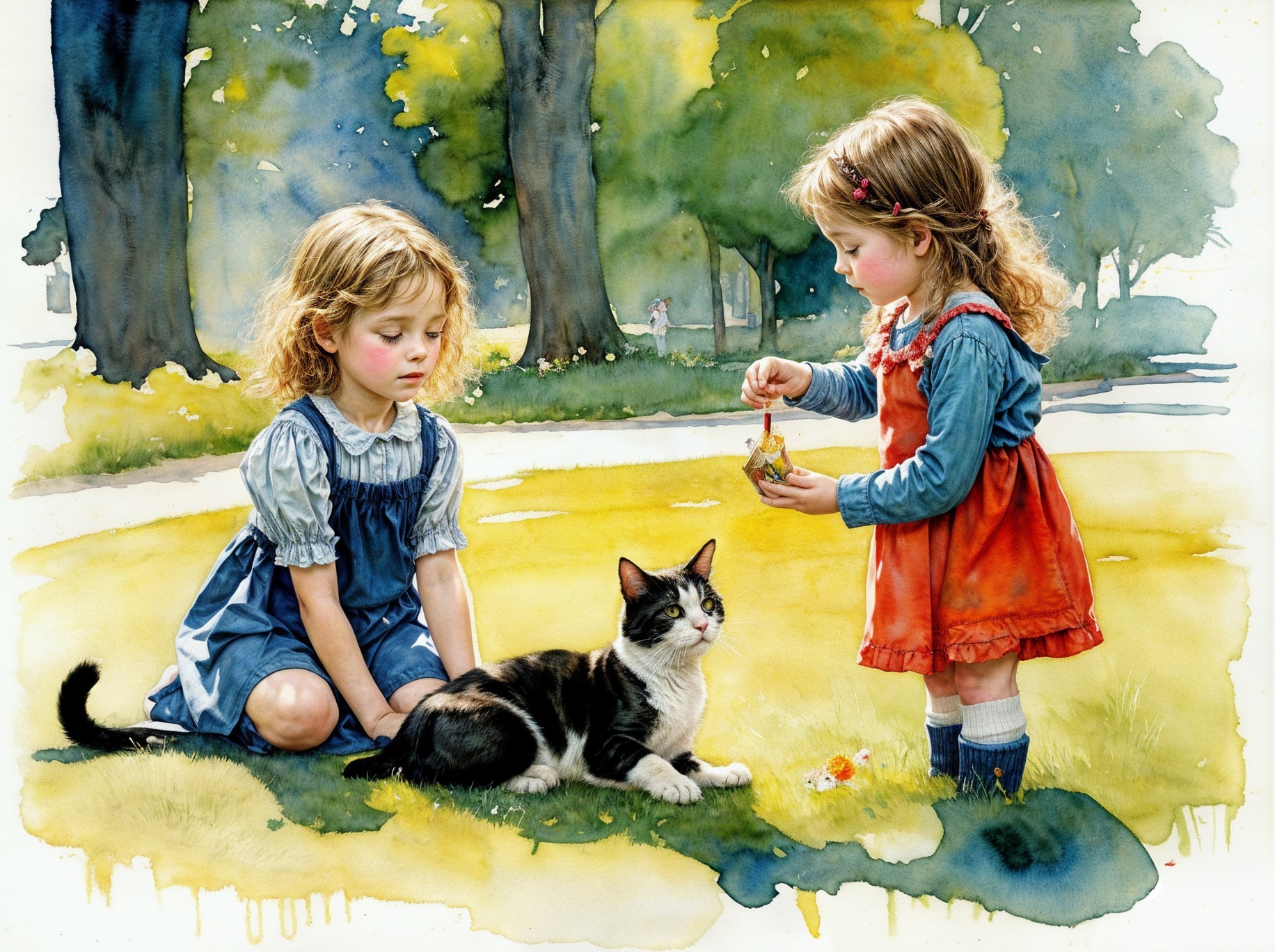 Young girls playing in a sunlit park with a cat