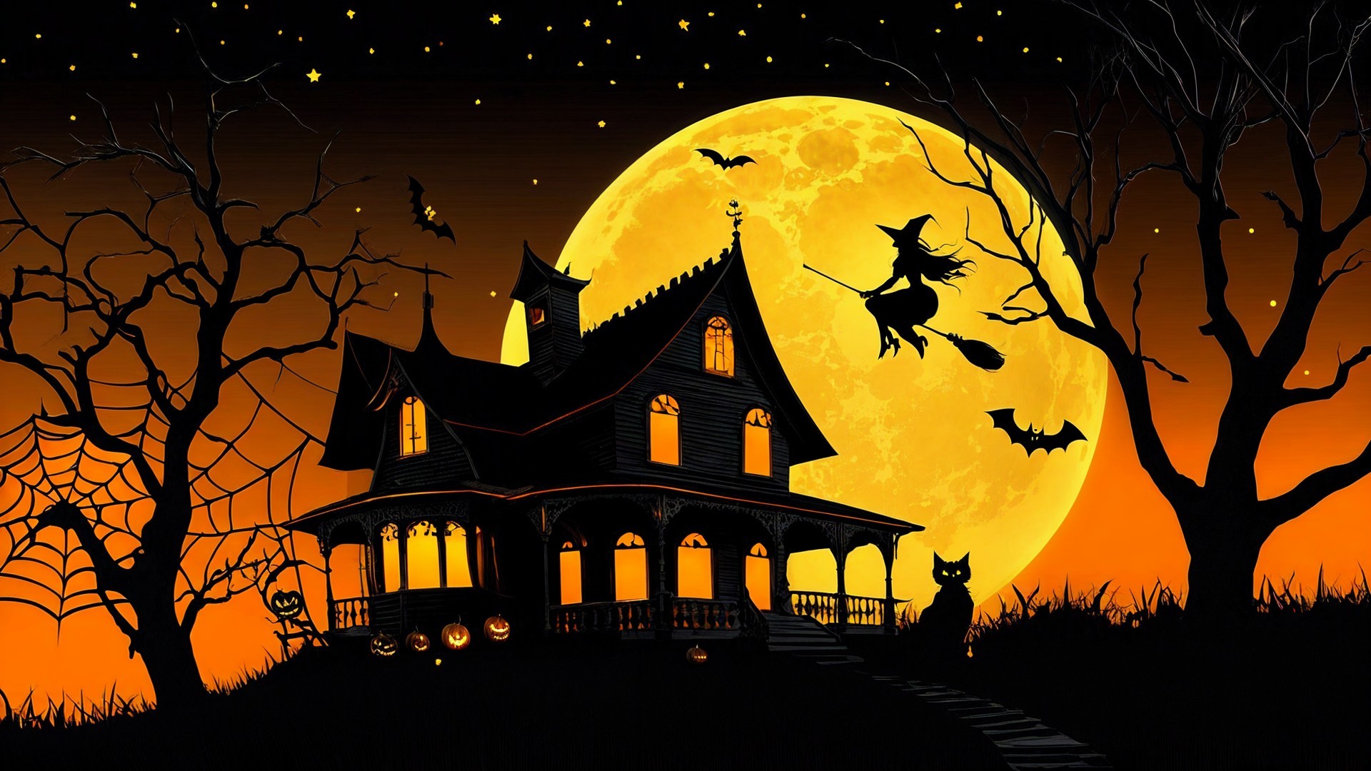 Haunted Mansion Halloween Scene with Full Moon and Bats