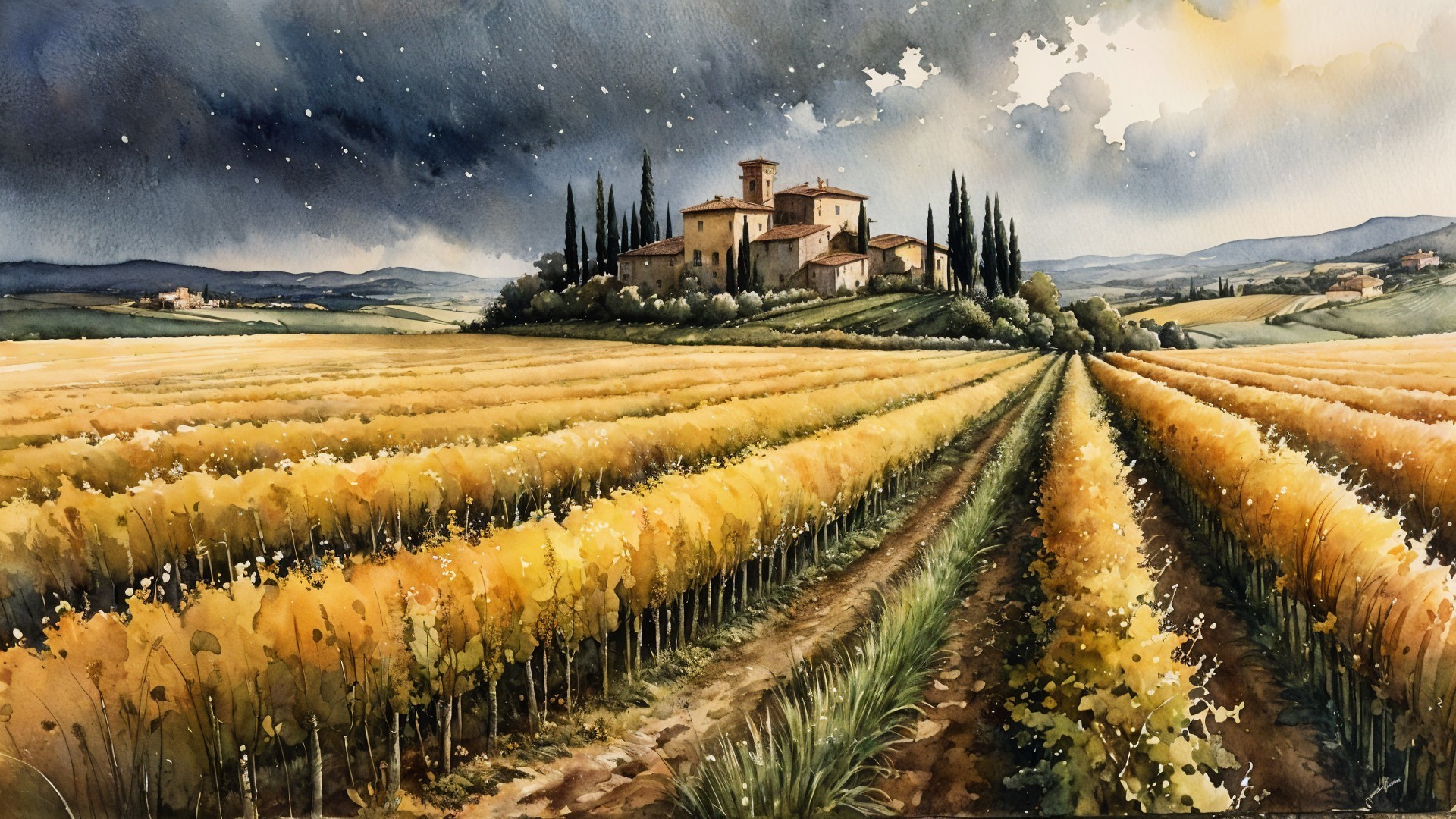 Watercolor Landscape of Italian Vineyards and Villa