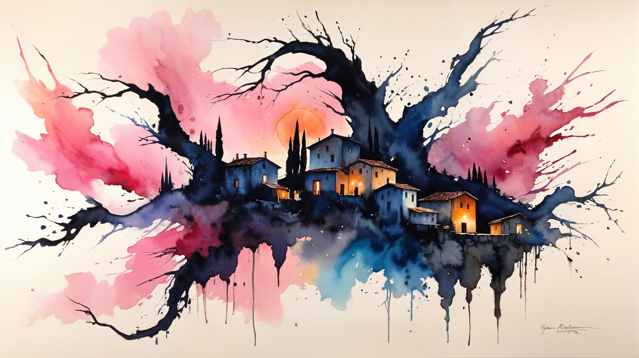 Vibrant Watercolor Village Amidst Dark Tree Limbs