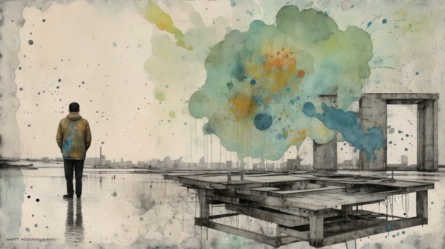 Solitary Figure Over Reflective Landscape with Abstract Colors