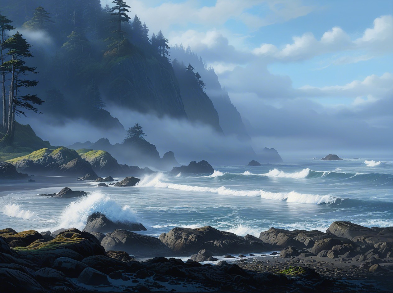 Coastal Landscape with Cliffs and Pine Trees