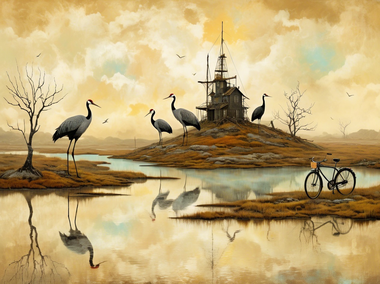 Serene Island Landscape with Rustic House and Cranes