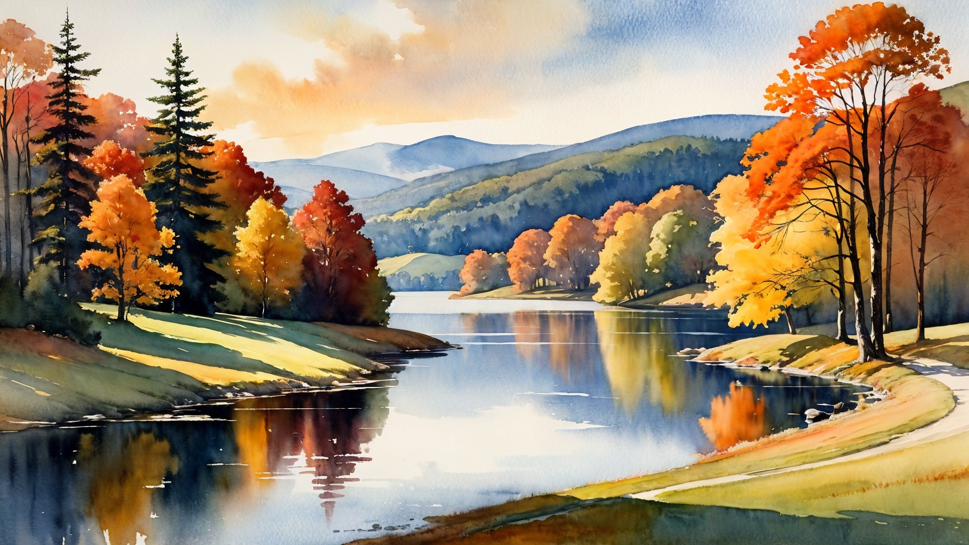 Tranquil River Surrounded by Autumn Foliage and Mountains
