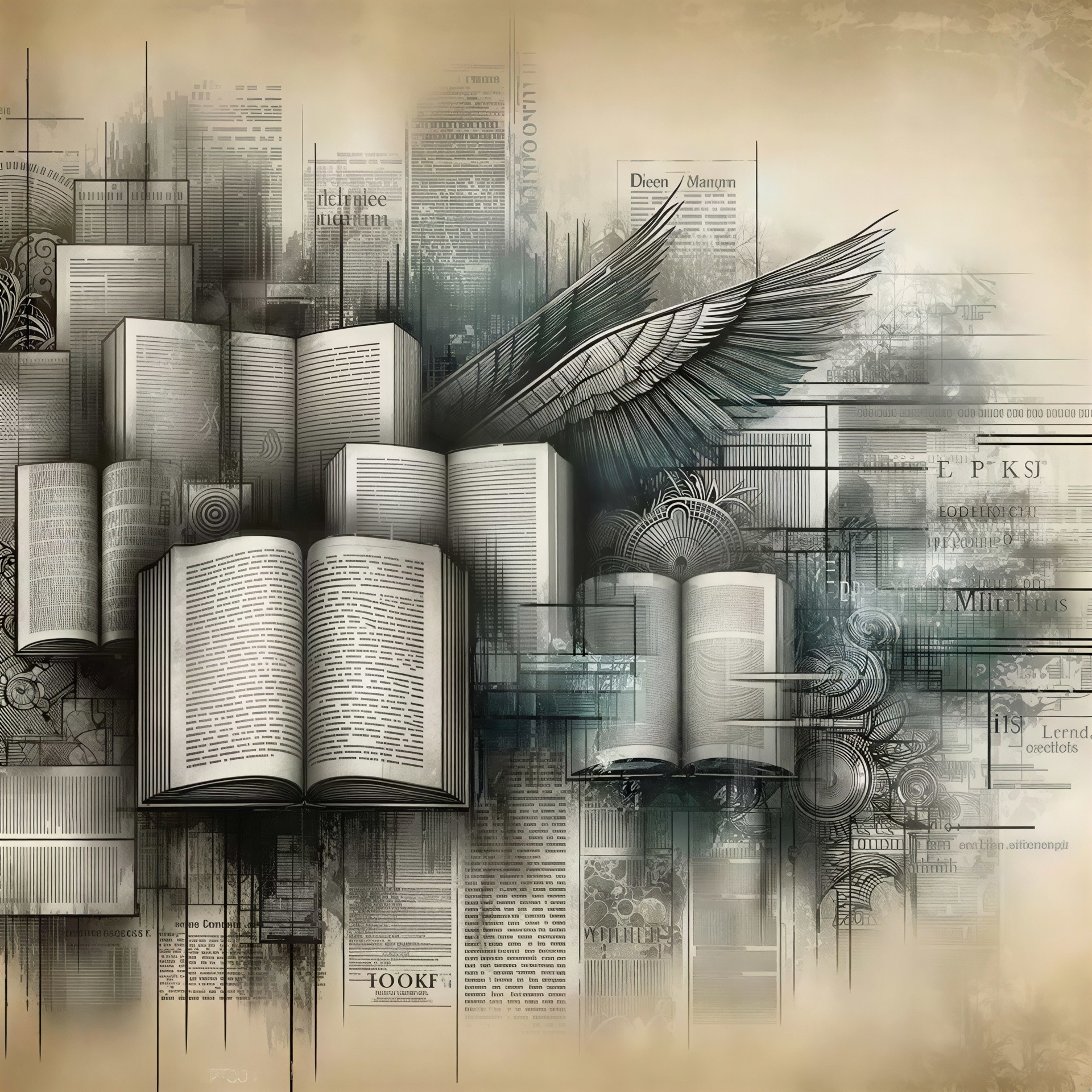 Art Illustration of Books in a Conceptual Cityscape