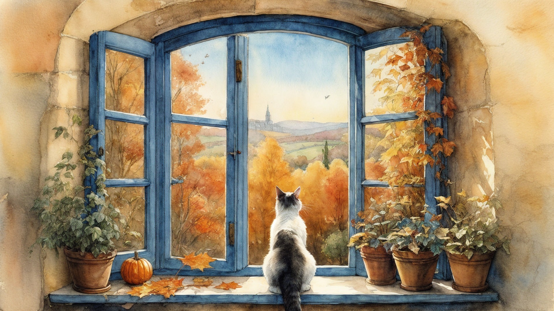 Cozy Window Scene with Cat and Autumn Landscape