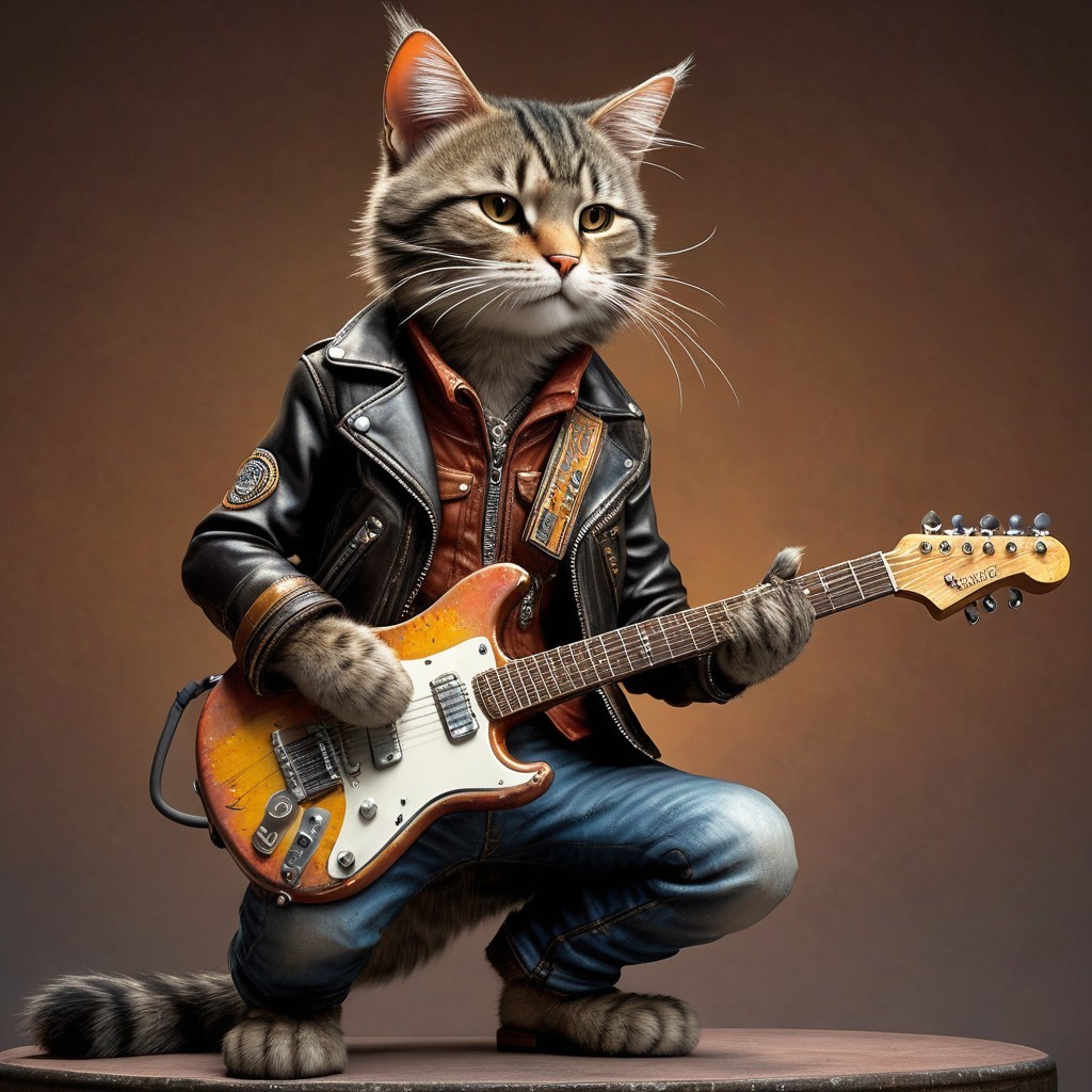 Cat with Human Features in Biker Attire and Guitar