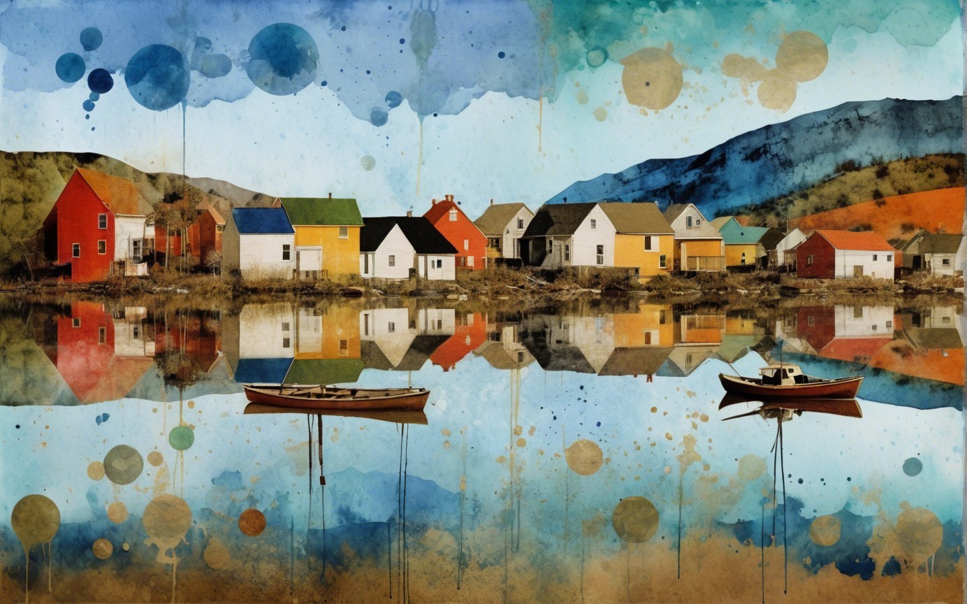 Vibrant Watercolor of Colorful Houses by a Lake