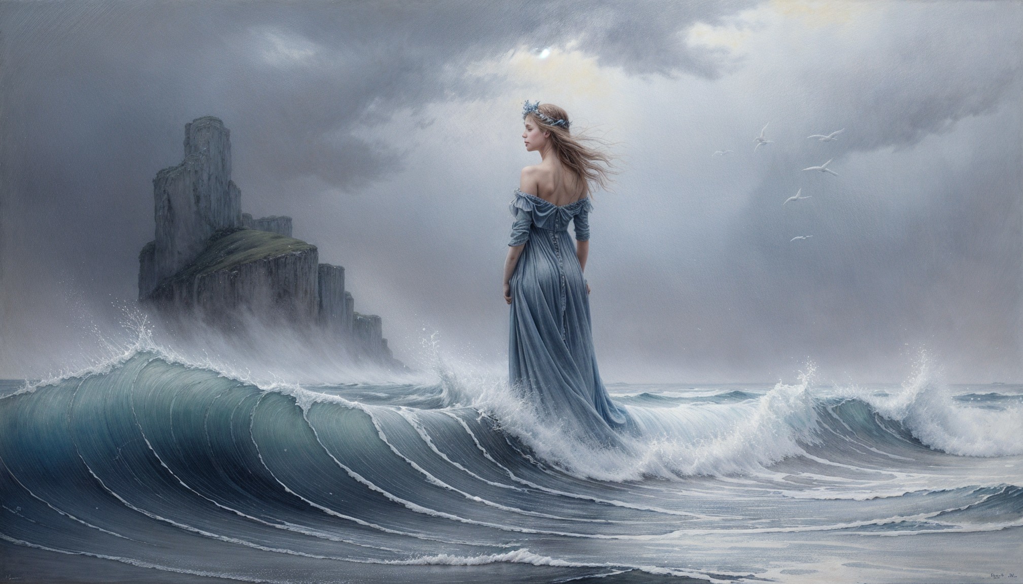Woman in Blue Gown on Waves Under Moody Sky