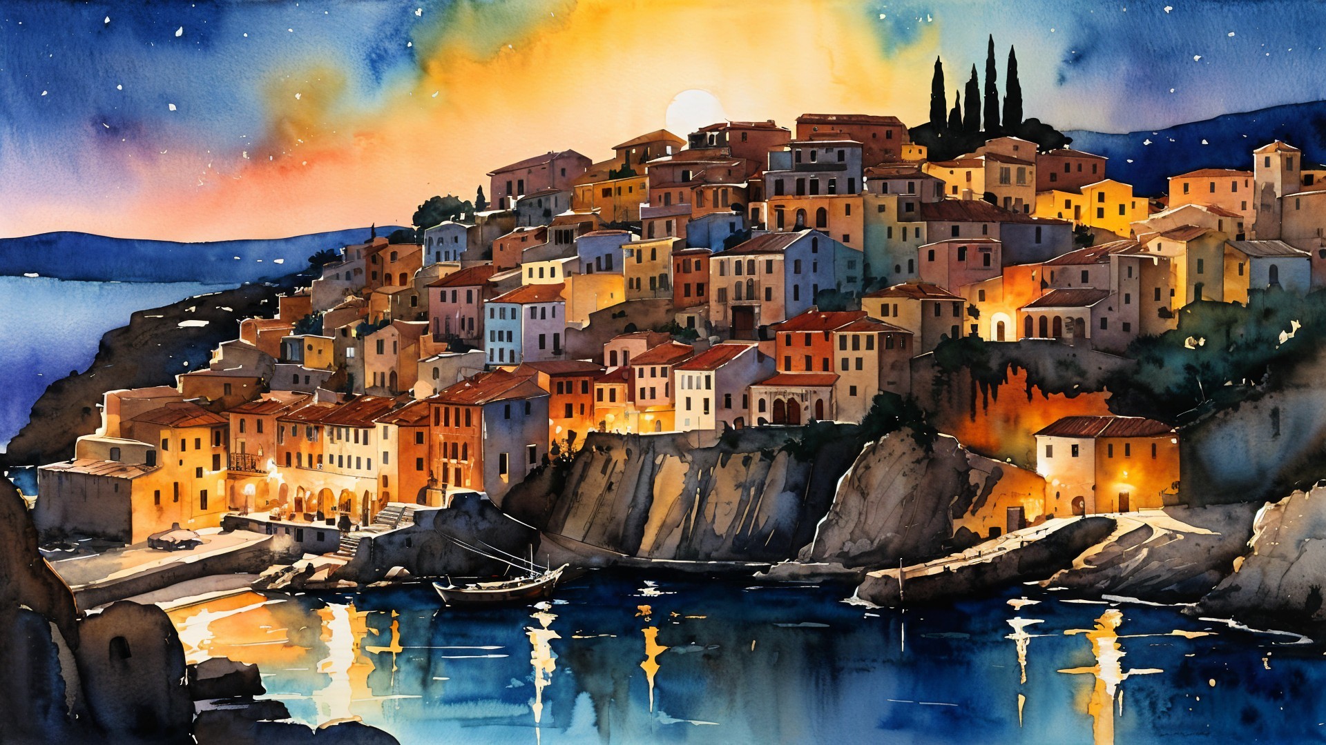 Picturesque Coastal Village at Sunset with Vibrant Colors