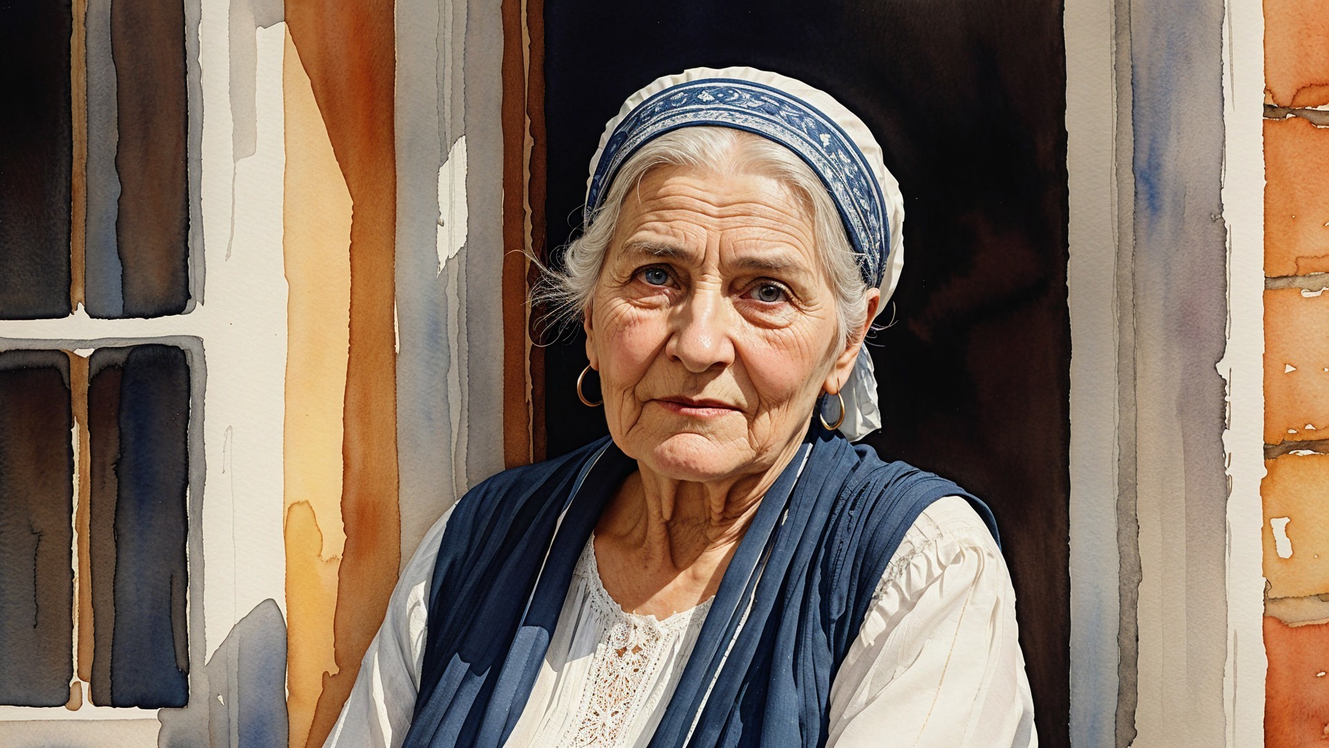 Elderly Woman in Traditional Attire by a Window