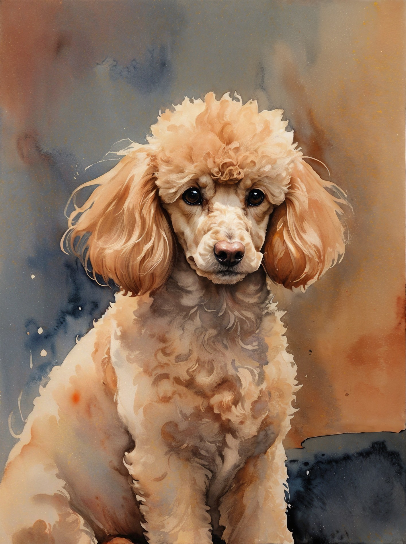 Watercolor Painting of a Fluffy Cream and Orange Poodle