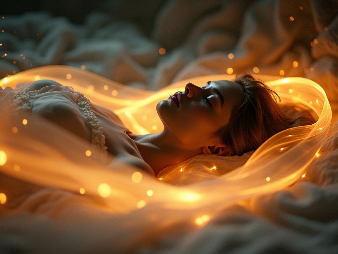 Serene scene of a woman in peaceful repose with lights