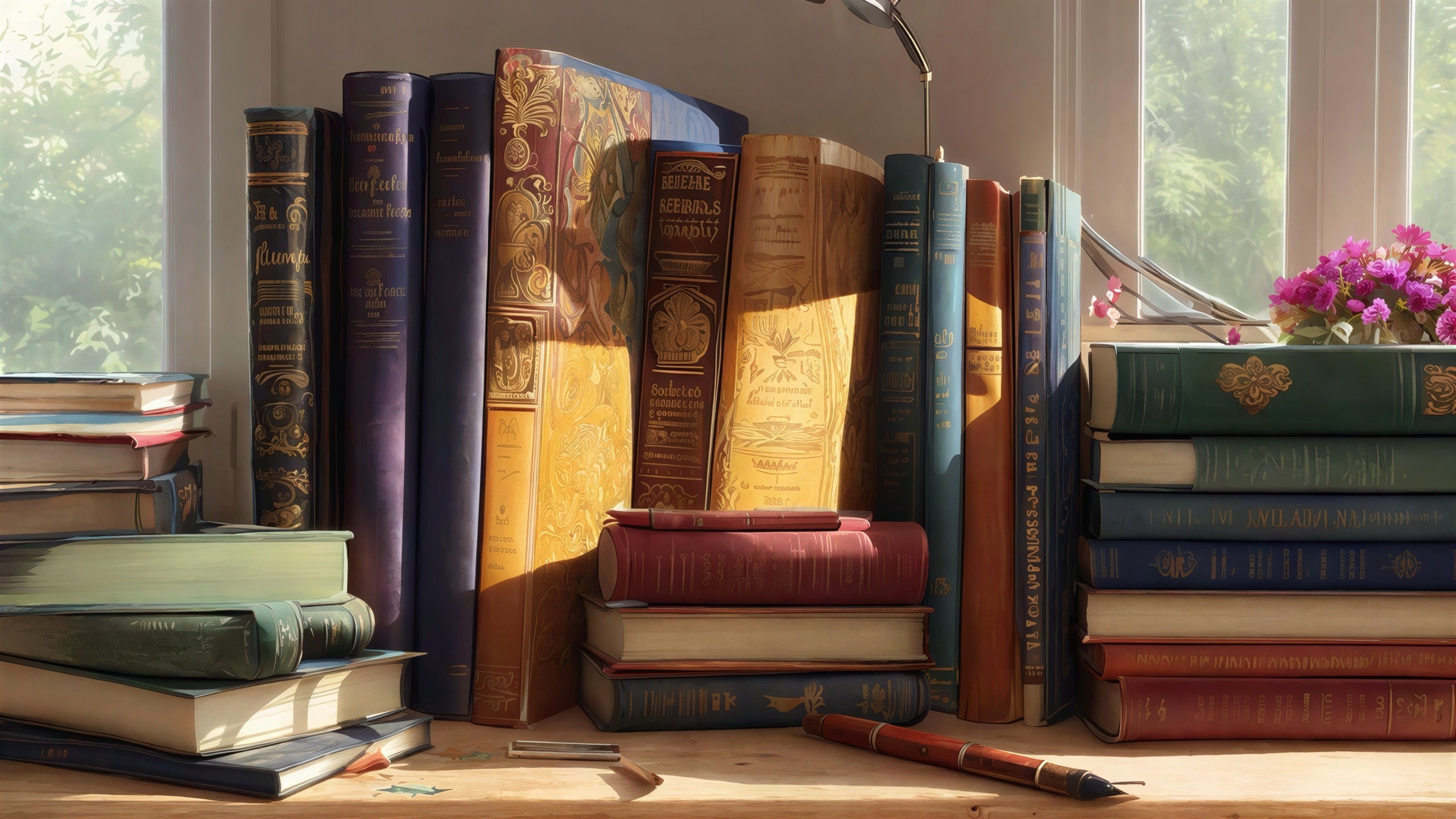 Antique Wooden Desk with Stacks of Old Books and Flowers