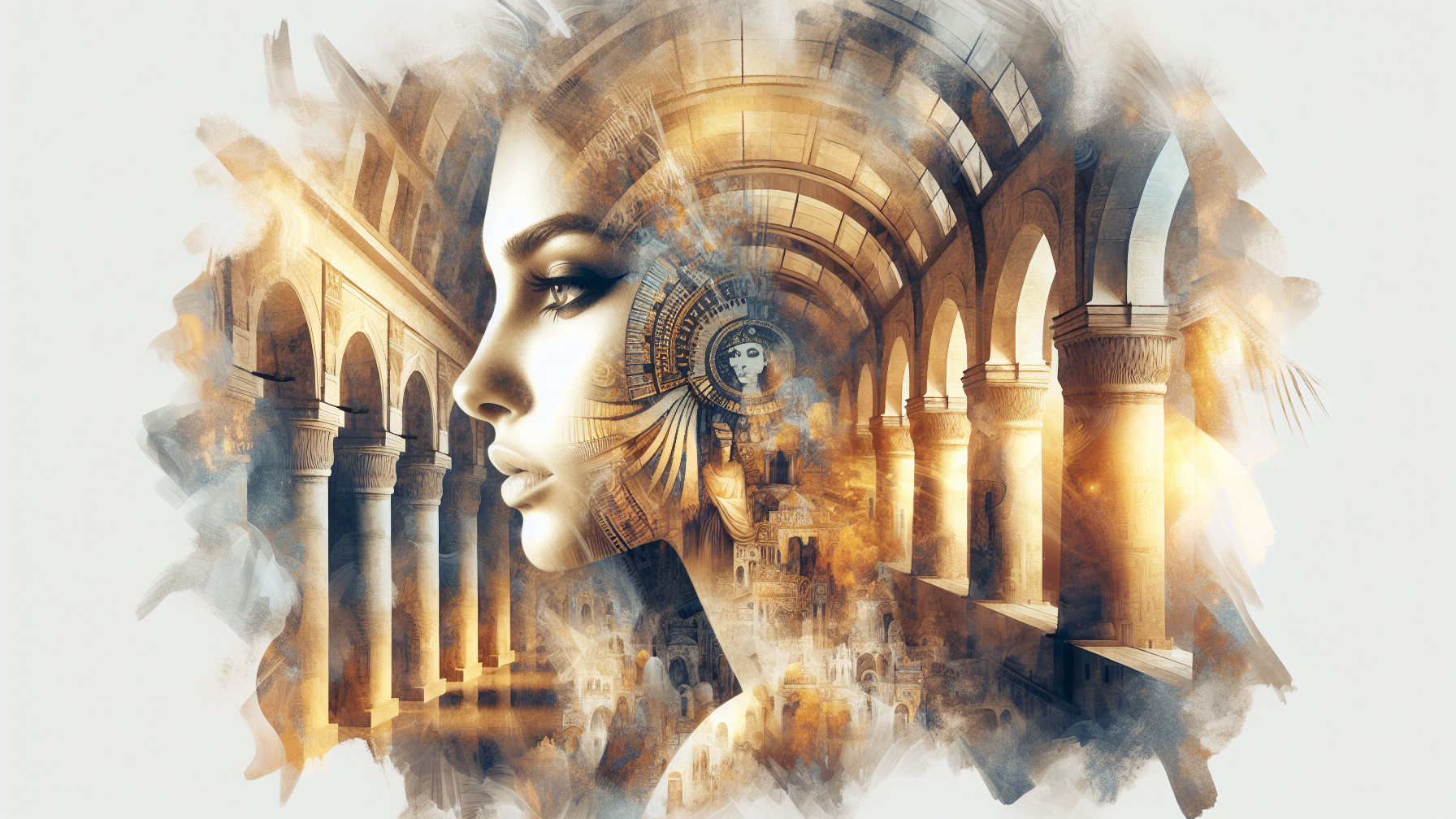 Artwork Blending Woman's Profile with Ancient Ruins