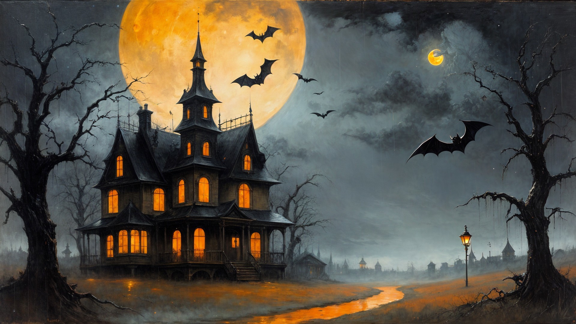 Victorian Mansion Under Full Moon with Glowing Windows