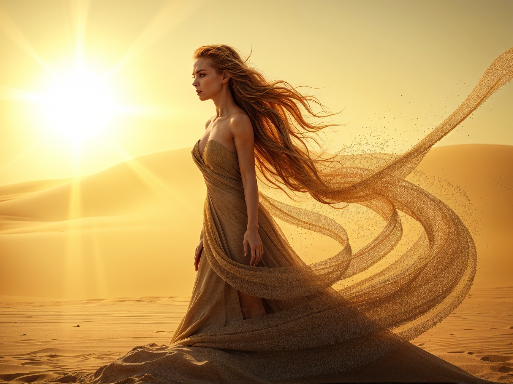 Elegant Woman in Desert at Sunset in Flowing Dress