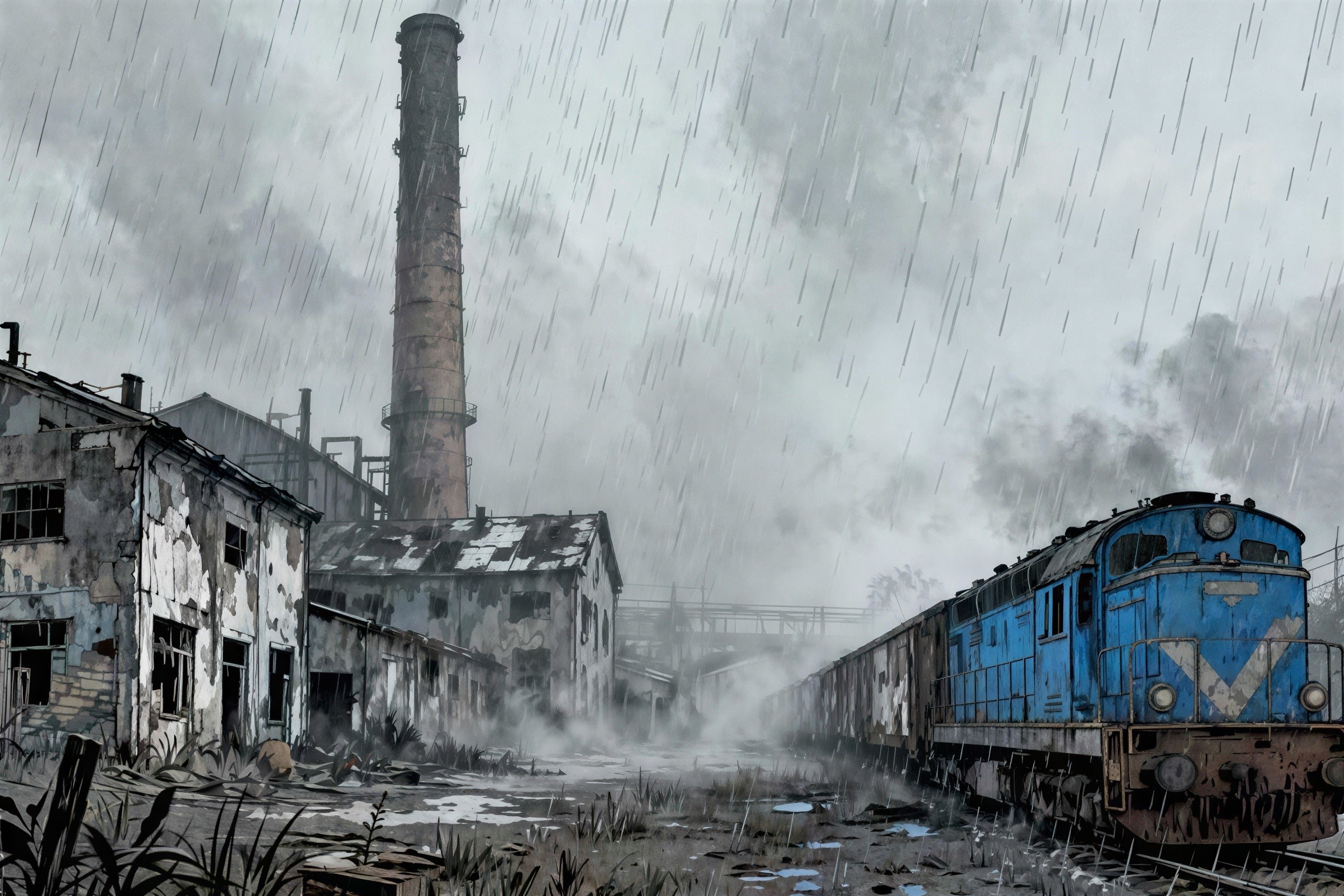 Moody Digital Painting of a Derelict Industrial Landscape