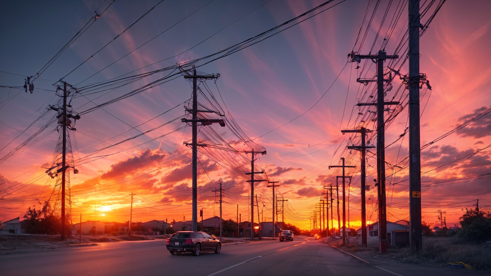 Vibrant Sunset Over Suburban Landscape with Power Lines