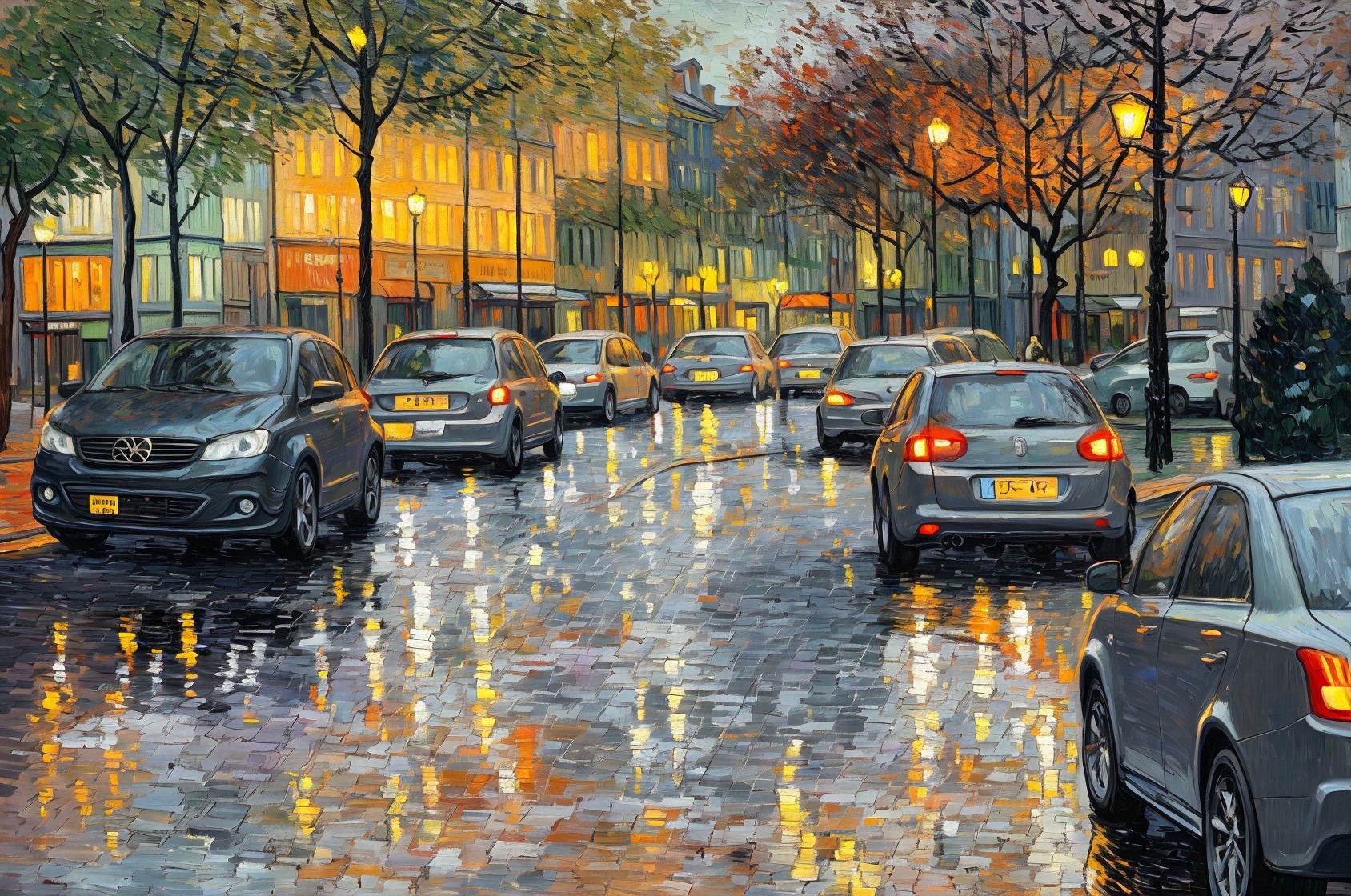 Twilight City Street Scene with Autumn Colors