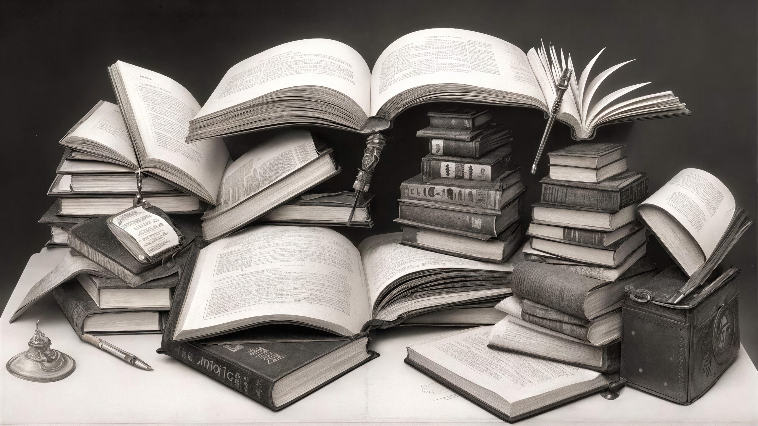 Monochromatic High-Angle View of Old Books and Inkwell