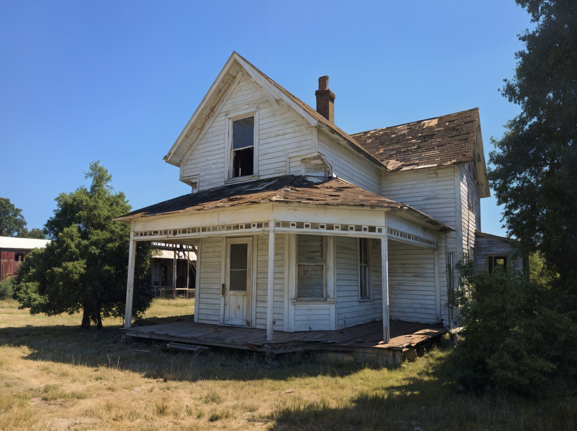 Old Abandoned House in Grassy Field with Peeling Paint