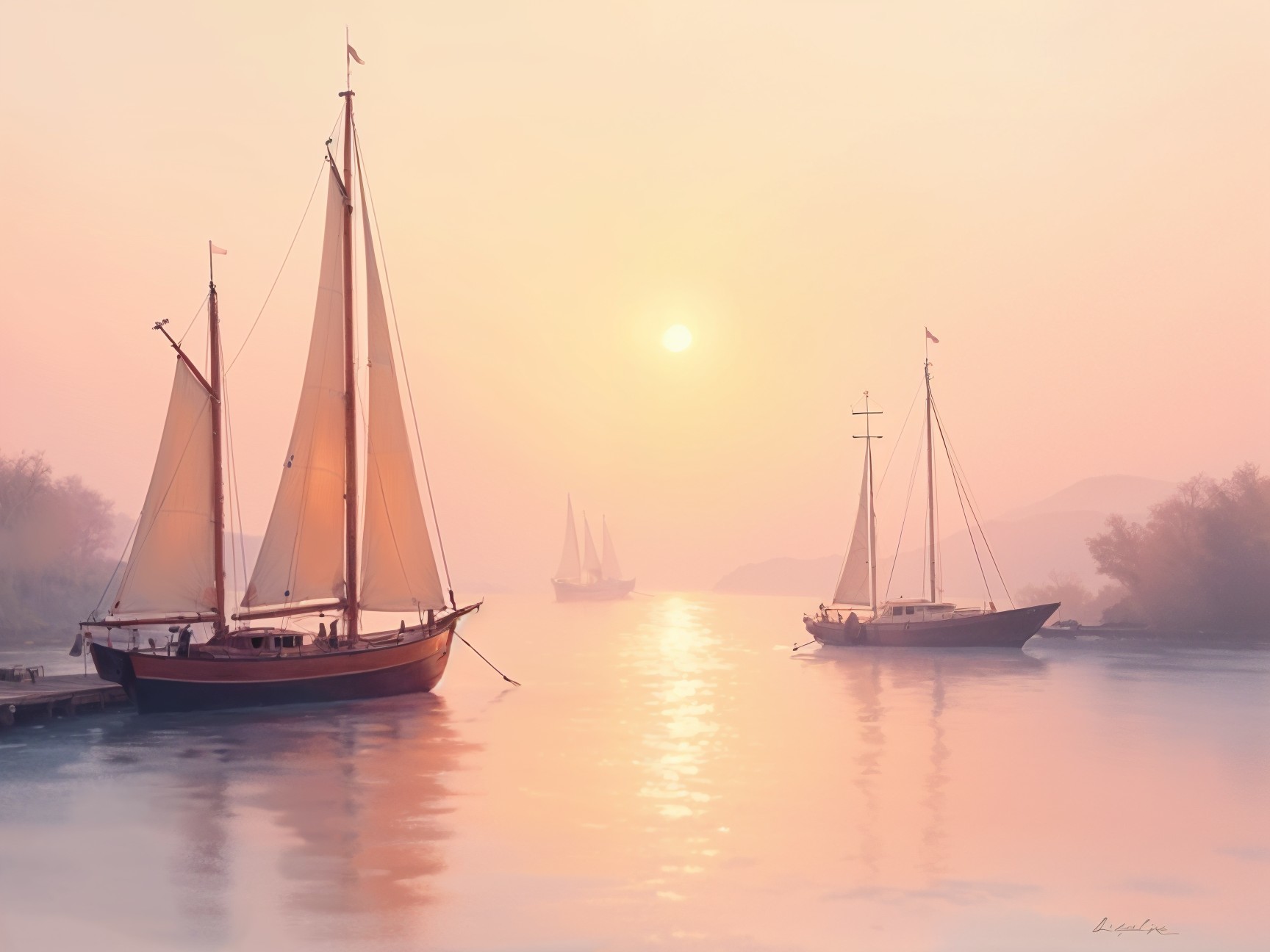 Serene Sunset Over Tranquil Harbor with Sailboats
