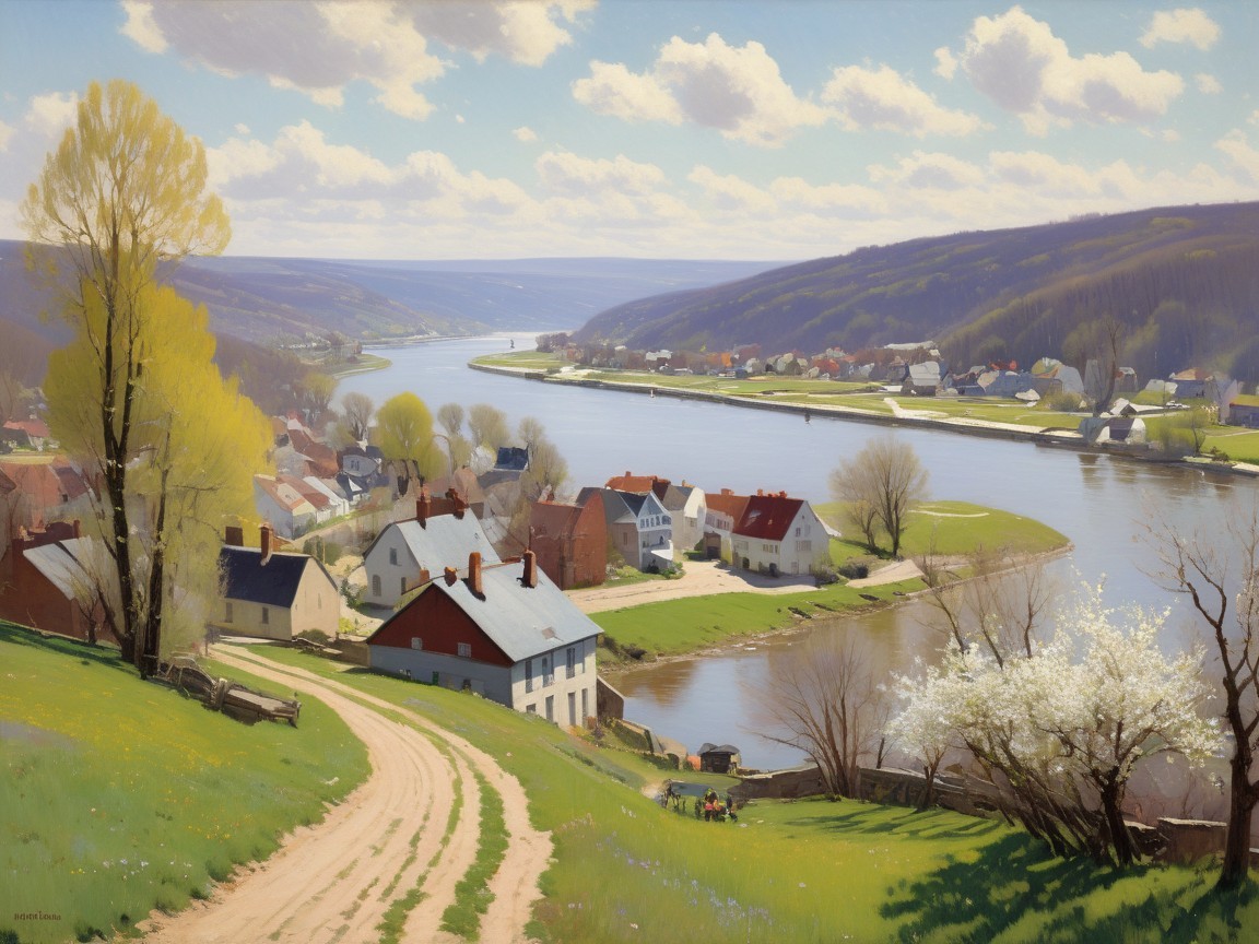 Serene Landscape with Winding River and Lush Hills