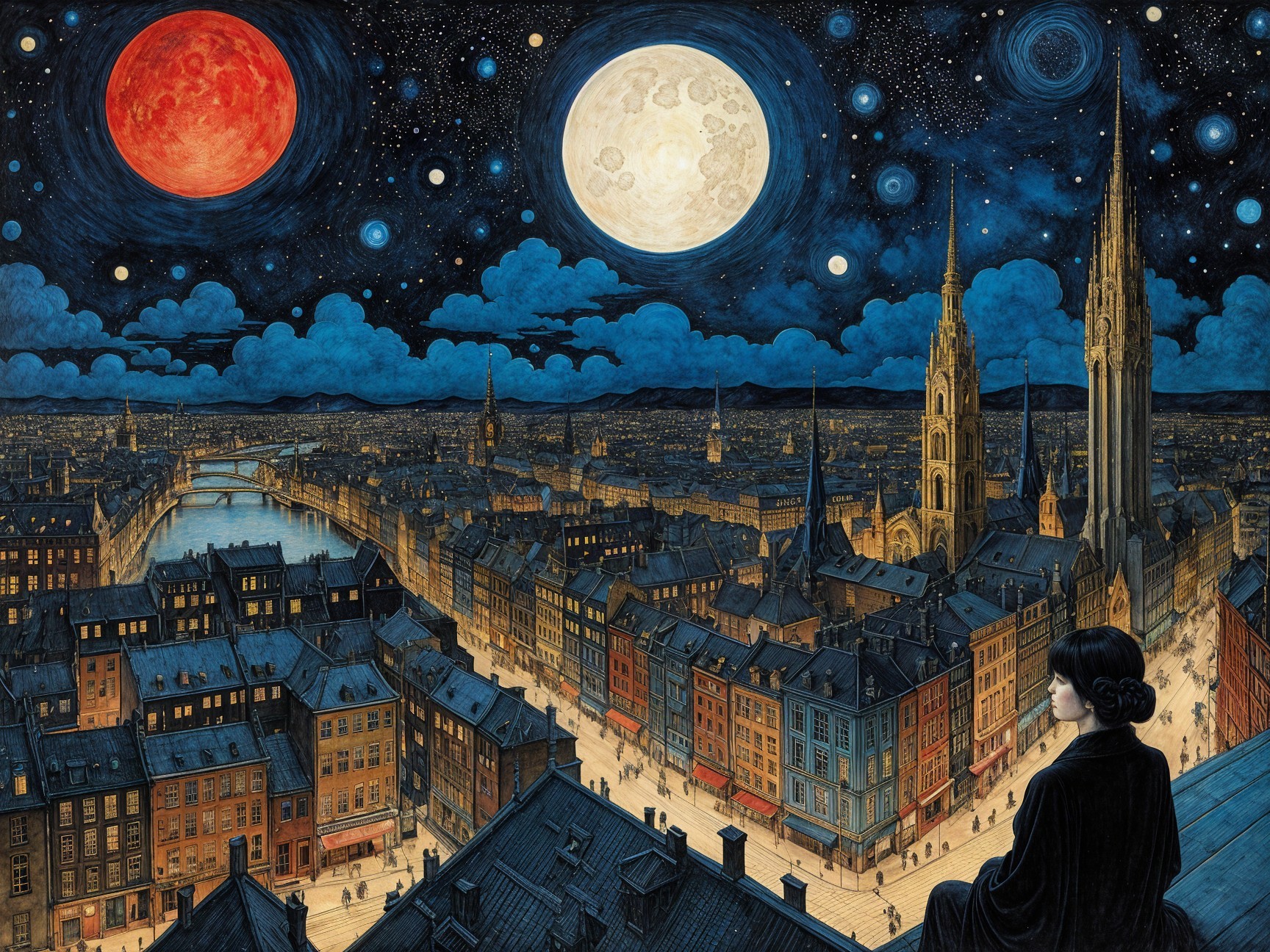 Nighttime Cityscape with Celestial Bodies and Architecture