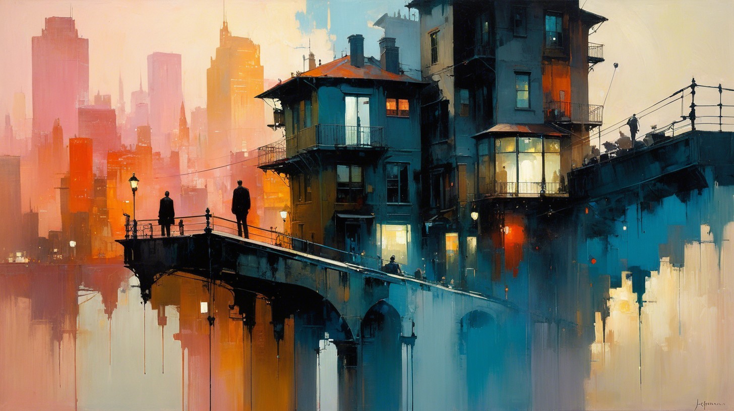 Vibrant Dreamlike Cityscape with Silhouetted Figures