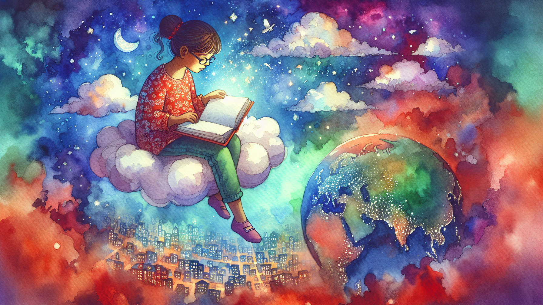 Young girl on a cloud reading in a colorful sky
