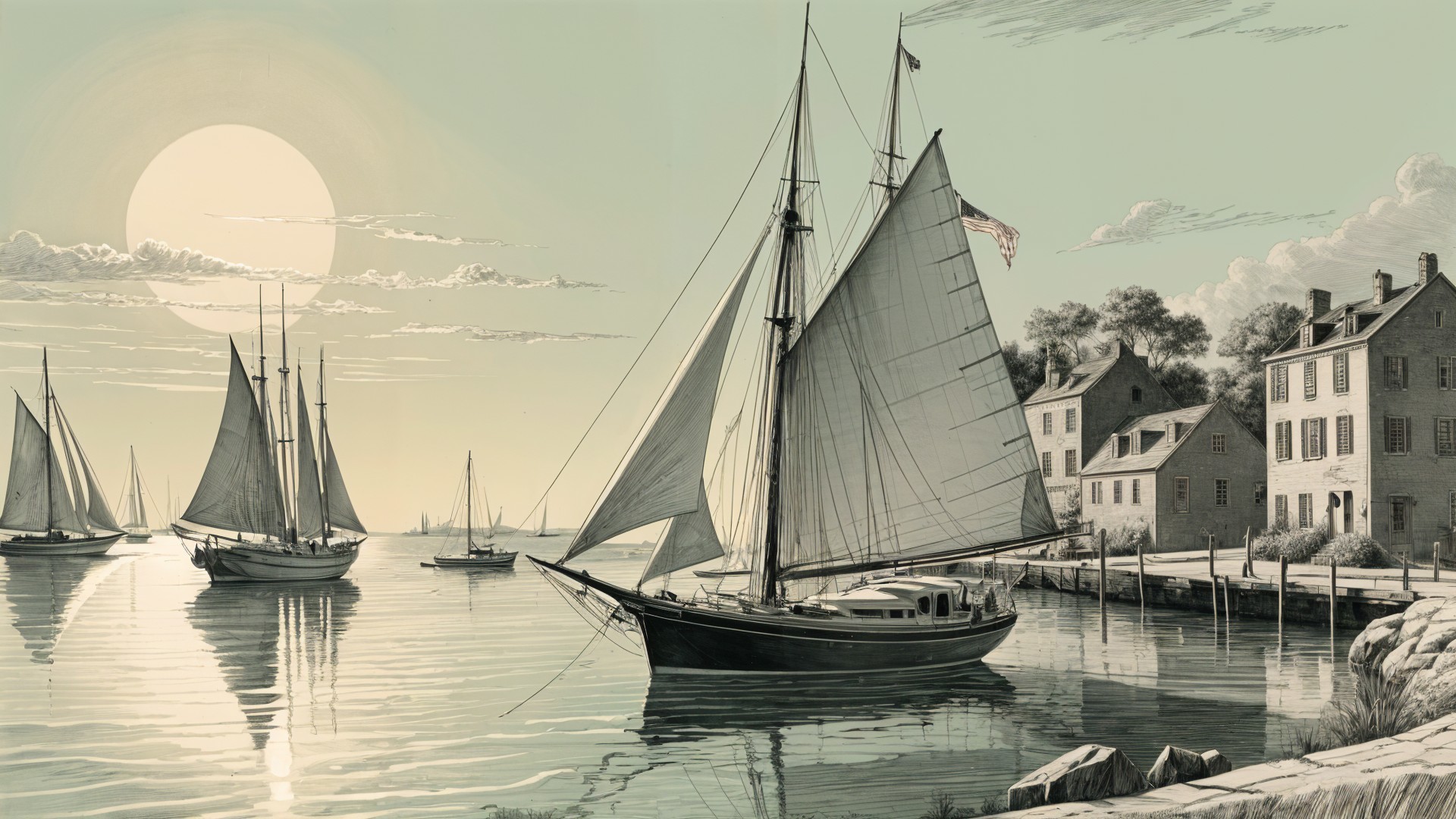 Sailboats on Calm Waters at Sunset with Shoreline Buildings