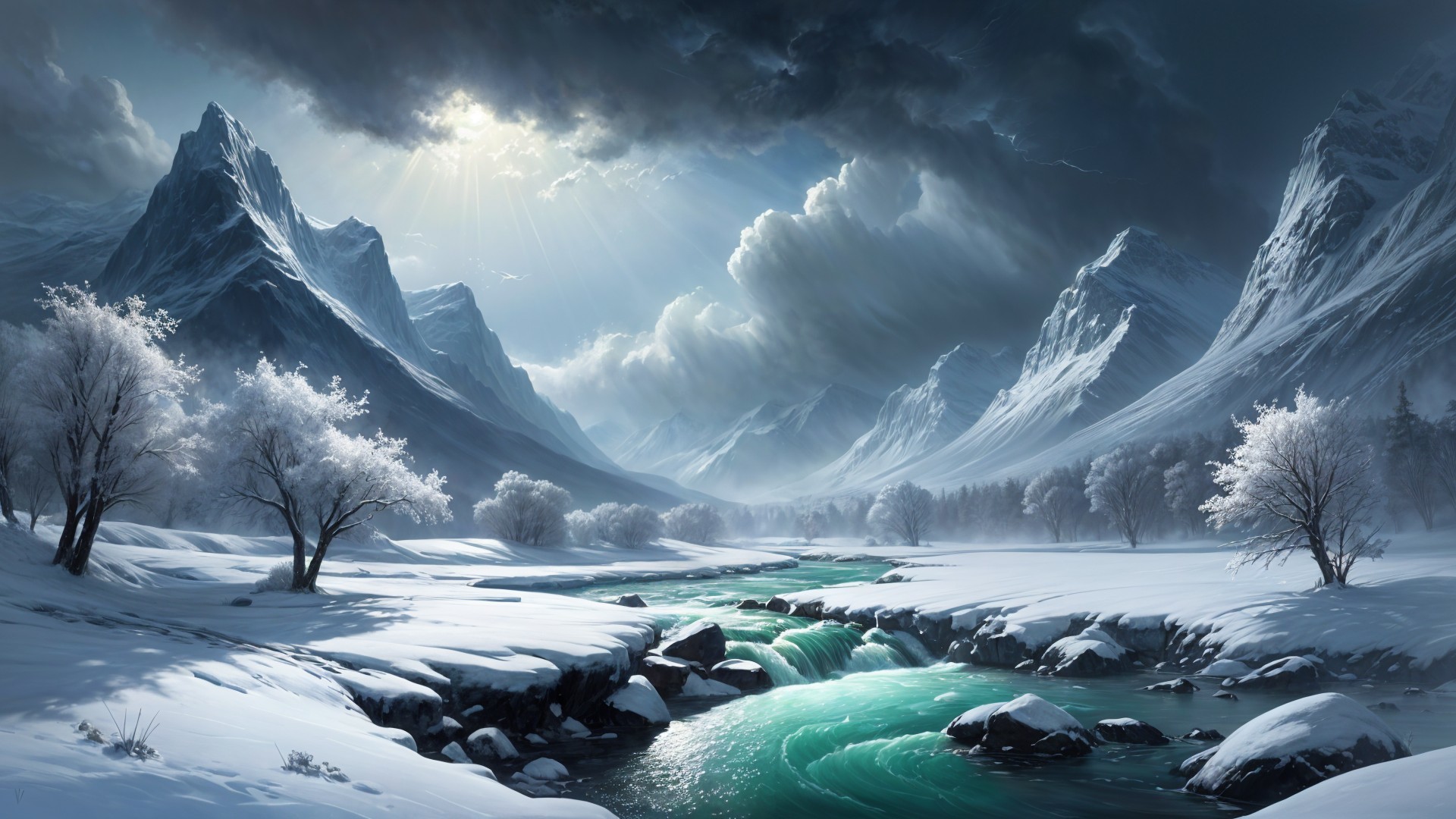 Winter Landscape with Snowy Mountains and Turquoise River