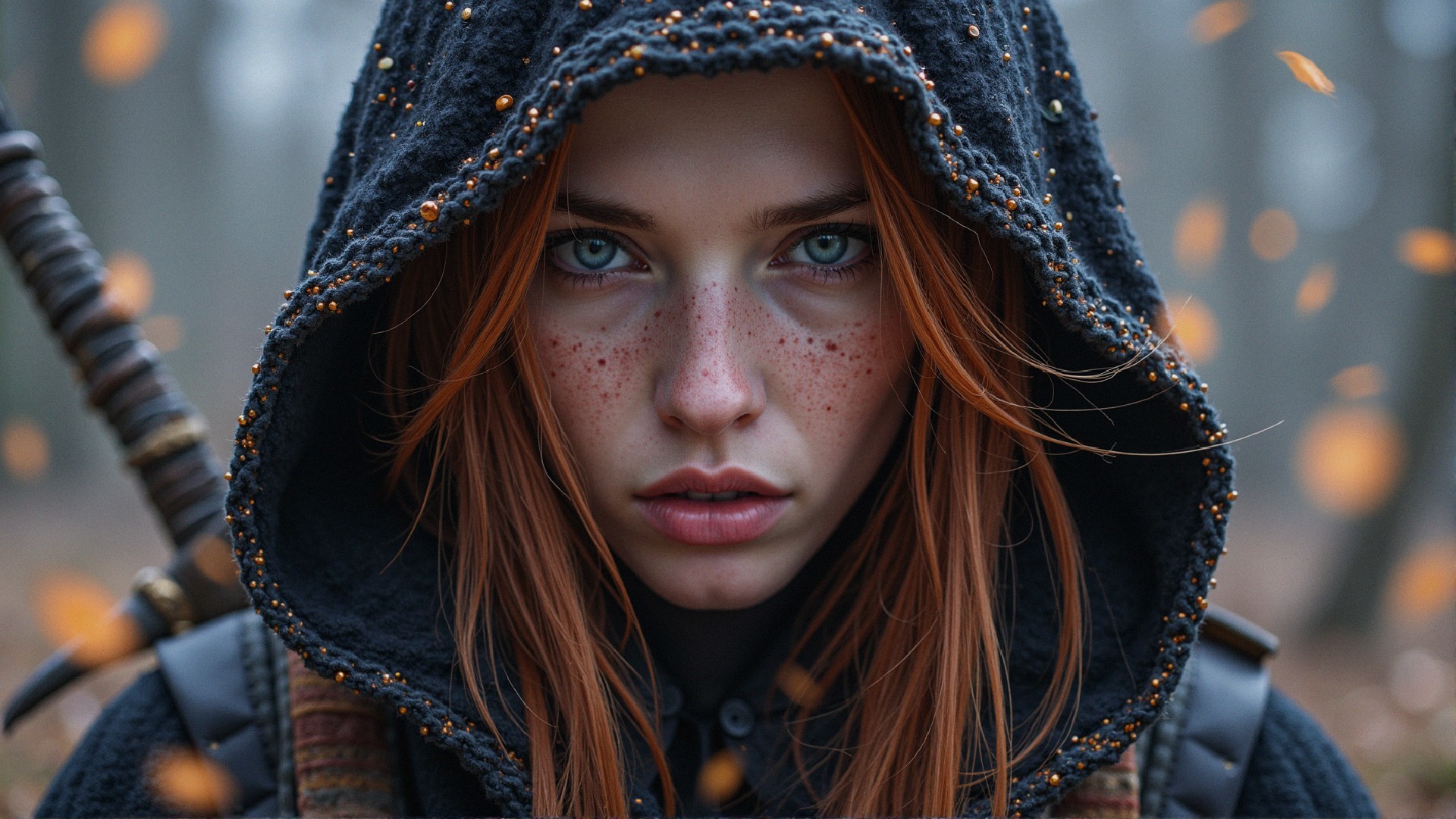 Young woman with red hair in a misty forest setting