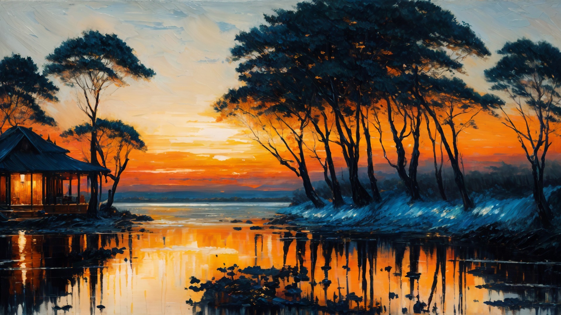Tranquil Sunset Over Calm Waterway with Silhouetted Trees