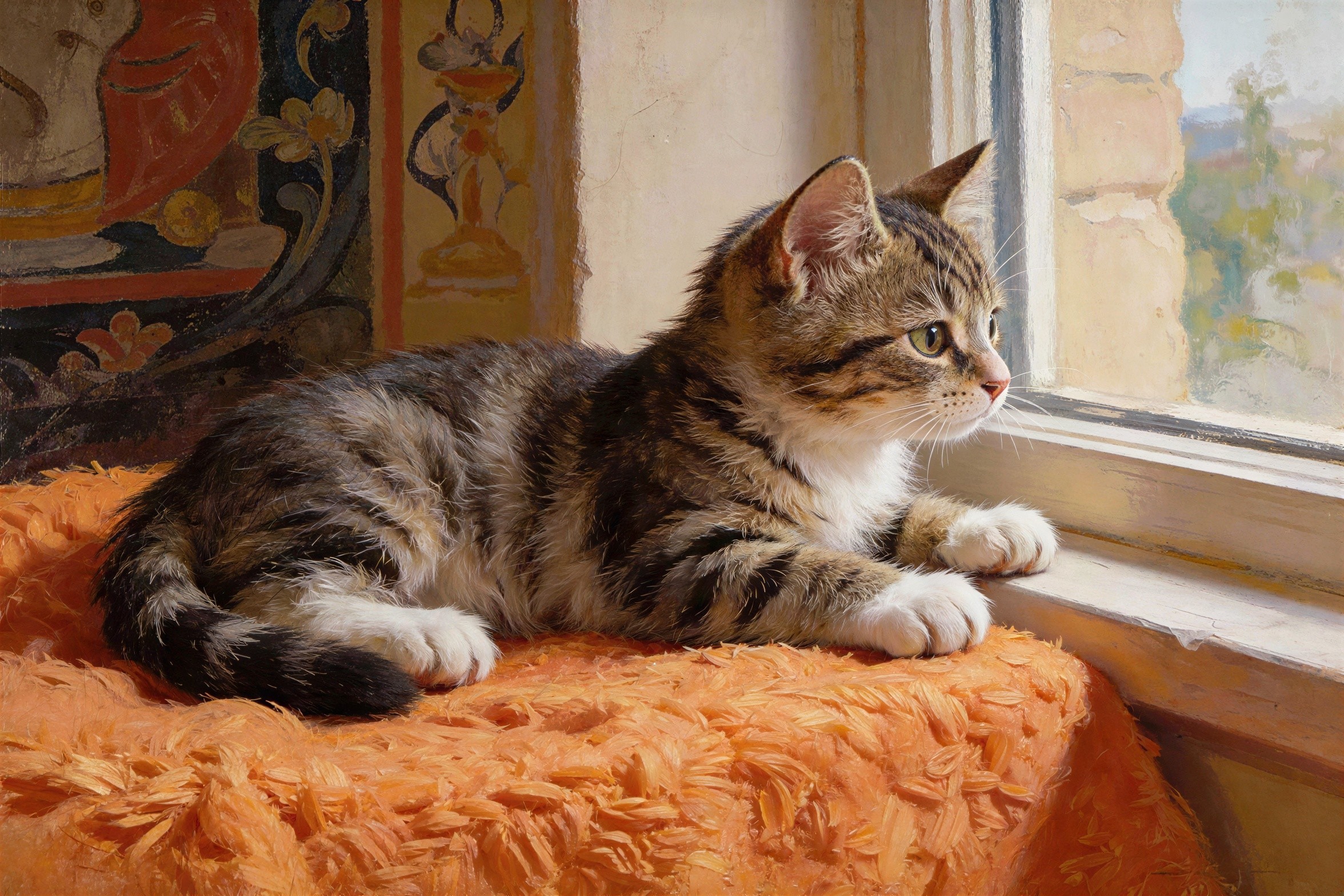 Cute Kitten on Orange Blanket with Decorative Arch