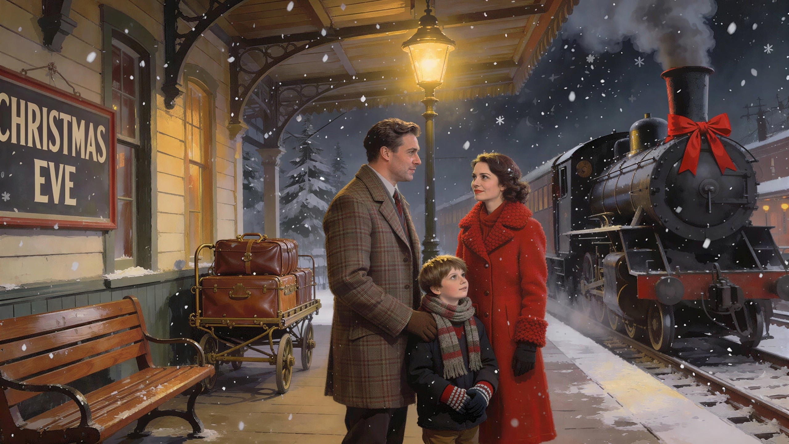 Family on a Snowy Train Platform on Christmas Eve