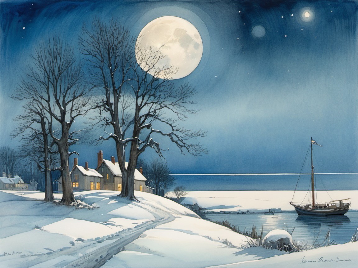 Watercolor Winter Night Scene with Moonlit Landscape