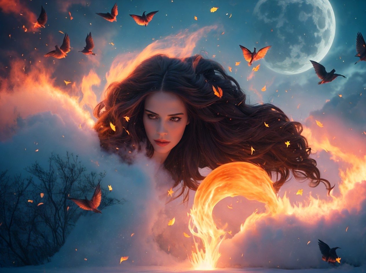 Ethereal Woman in Flames and Clouds Under Full Moon