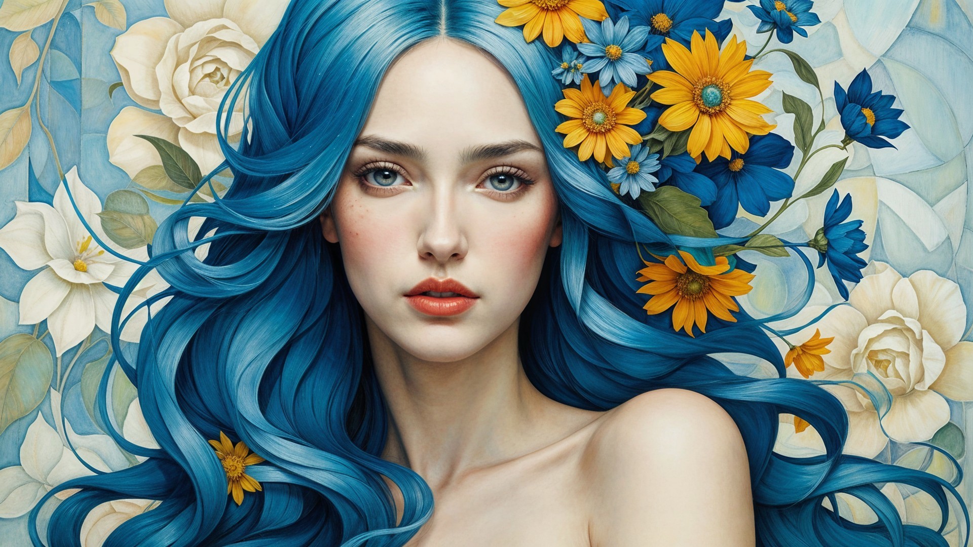 Portrait of a woman with blue hair and floral accents