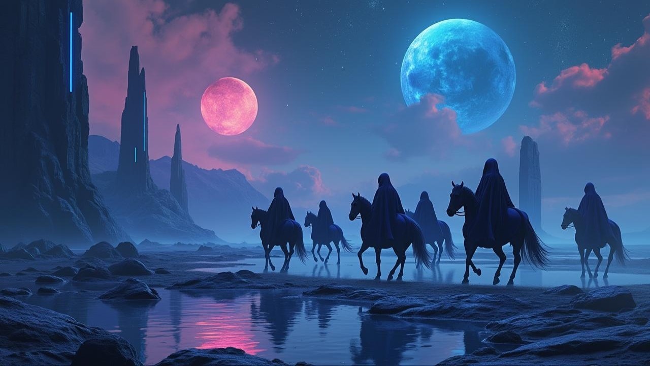 Twilight Scene with Two Moons and Cloaked Riders