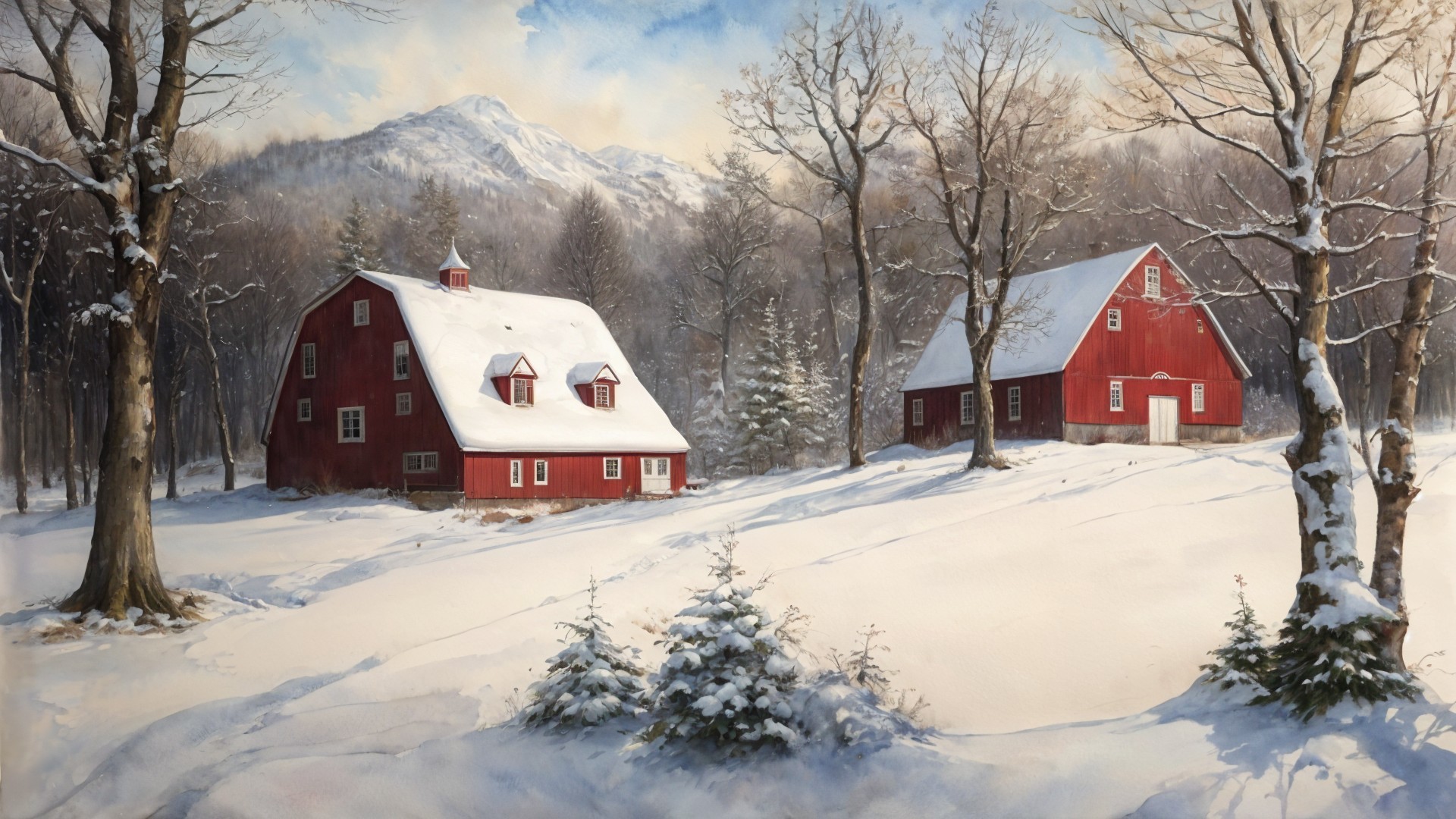 Winter Landscape with Red Barns and Snowy Mountains