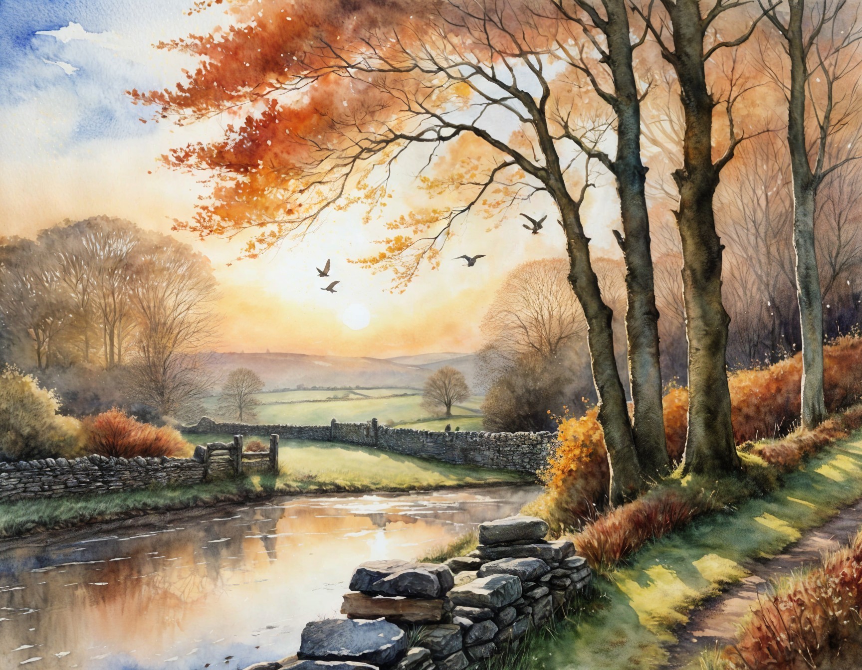Tranquil River Landscape with Autumn Trees at Sunset