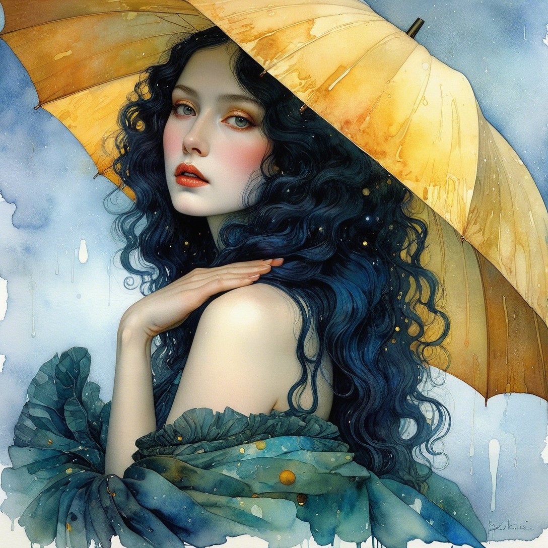 Whimsical Watercolor of Woman with Yellow Umbrella