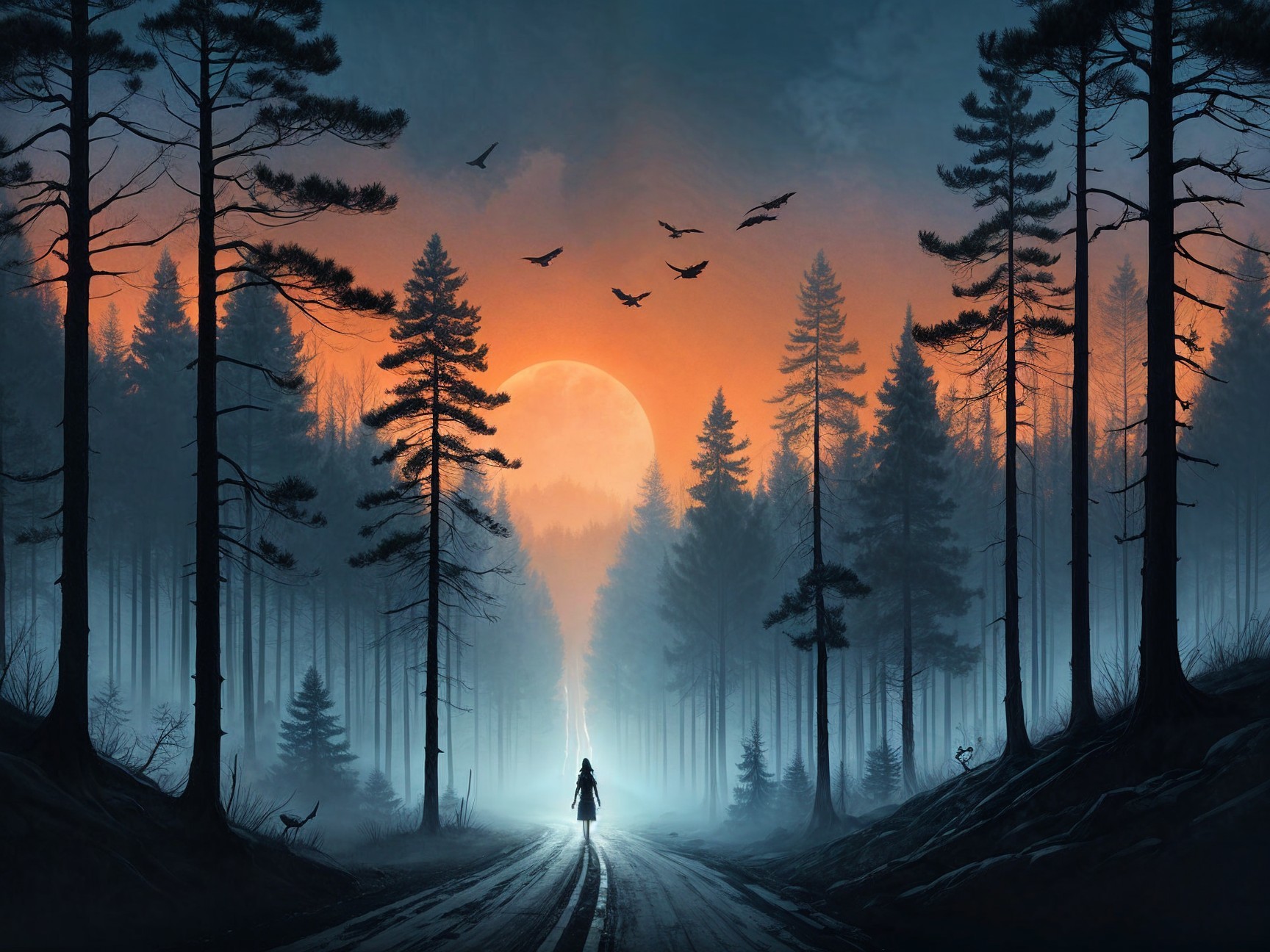 Mysterious Figure on Foggy Forest Path at Night