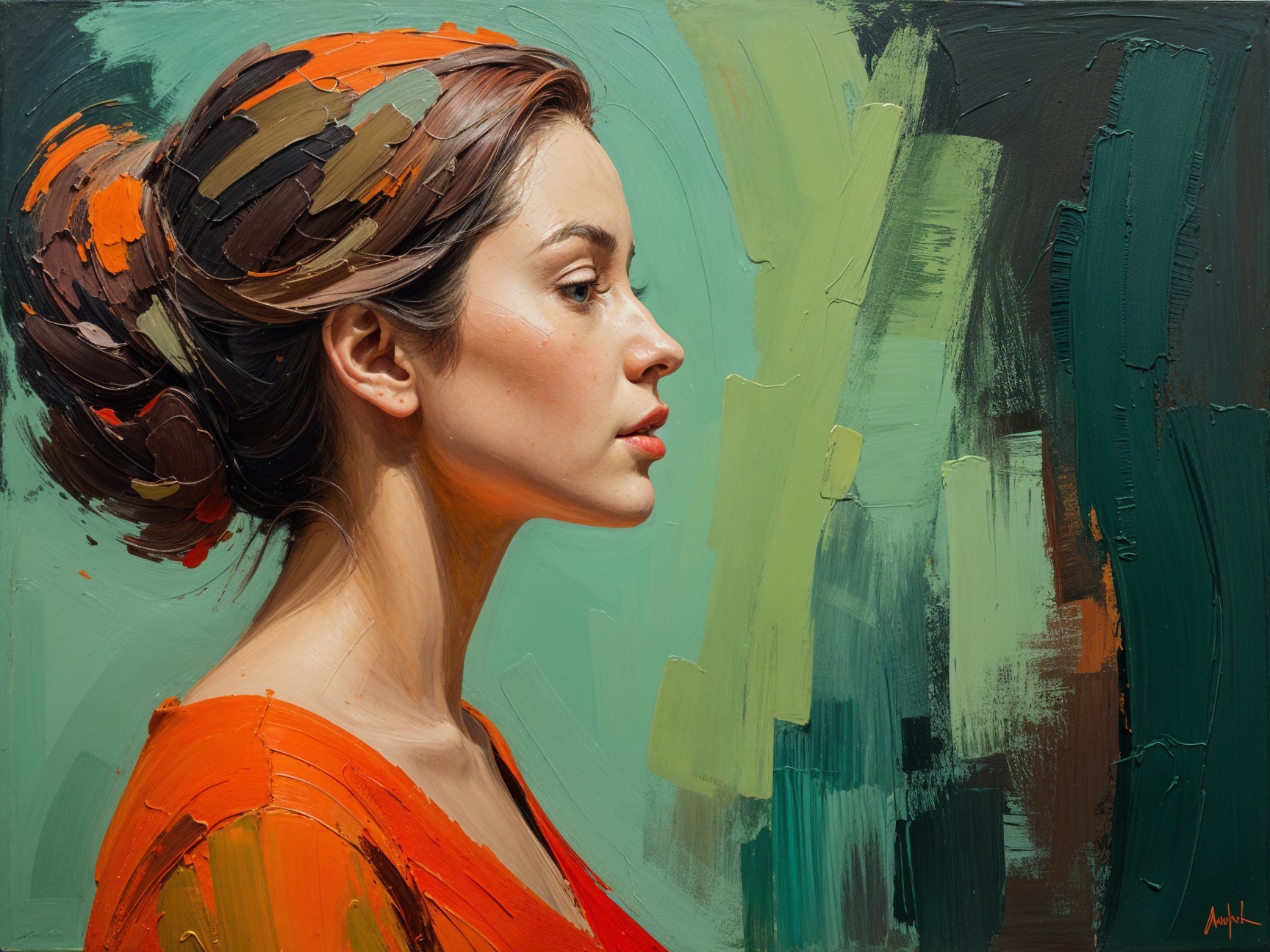 Profile of a Woman with Bun and Warm Orange Attire