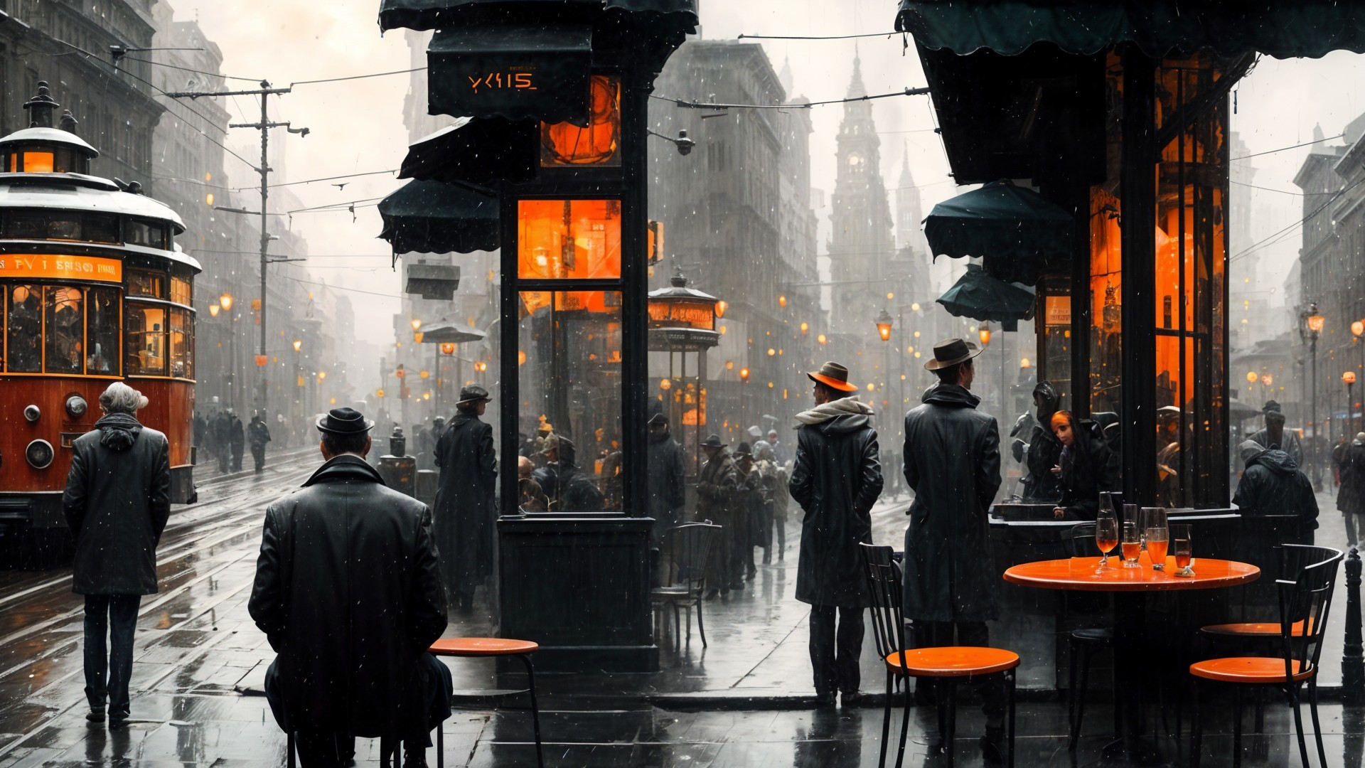 Urban Rainy Day with Vintage Pedestrians and Cafes