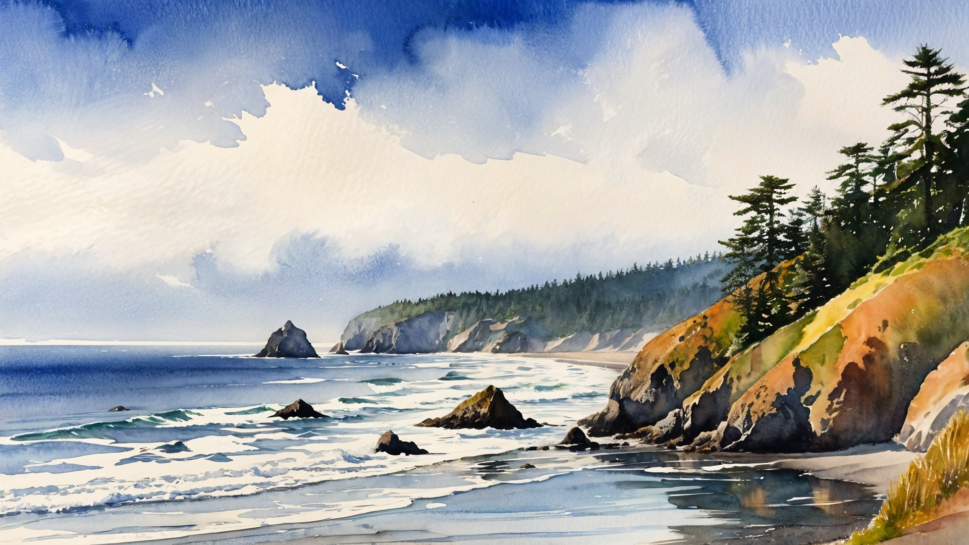 Watercolor Coastal Scene with Waves and Cliffs